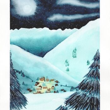 Pittura intitolato "Village en montagne…" da Christelle Lachambre, Opera d'arte originale, Acquarello