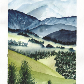 Painting titled "Montagne embrumée" by Christelle Lachambre, Original Artwork, Watercolor