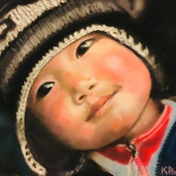 Peinture intitulée "Enfant tibétain" par Christelle Palacios, Œuvre d'art originale, Pastel
