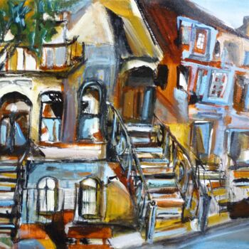 Painting titled "Les maisons Brownst…" by Christelle Veron Cherbonnier, Original Artwork, Acrylic Mounted on Wood Stretcher…