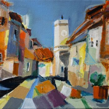 Painting titled "Place de village" by Christelle Veron Cherbonnier, Original Artwork, Acrylic Mounted on Wood Stretcher frame