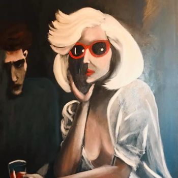 Schilderij getiteld "La 1ère dans le bar…" door Christelle Delorme, Origineel Kunstwerk, Olie