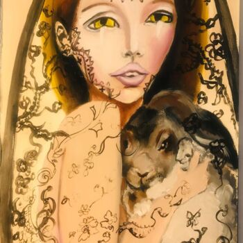 Painting titled "La femme et le Lapin" by Christelle Delorme, Original Artwork, Oil Mounted on Wood Panel