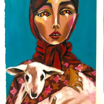 Pintura intitulada "La Femme et l'Agneau" por Christelle Delorme, Obras de arte originais, Óleo Montado em Outro painel rígi…
