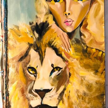 Schilderij getiteld "La Femme et le Lion" door Christelle Delorme, Origineel Kunstwerk, Olie Gemonteerd op Andere stijve pan…