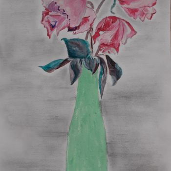 Schilderij getiteld "Vase aux trois roses" door Christelle Carlton, Origineel Kunstwerk, Acryl