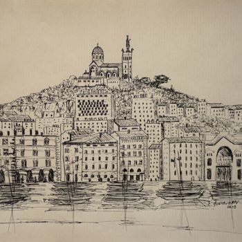 Dessin intitulée "Marseille en route…" par Christel Montauban, Œuvre d'art originale, Encre