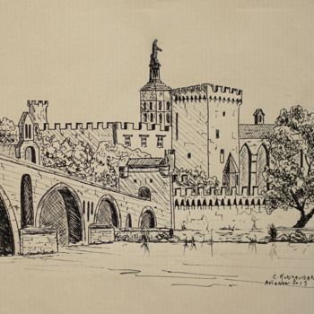 Рисунок под названием "Avignon cité des pa…" - Christel Montauban, Подлинное произведение искусства, Чернила