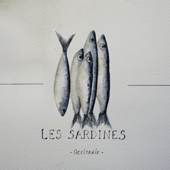 Pittura intitolato "Les Sardines" da Christel Montauban, Opera d'arte originale, Acquarello