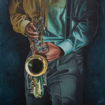 Malarstwo zatytułowany „fake saxo” autorstwa Christian Assel, Oryginalna praca, Akryl Zamontowany na Drewniana rama noszy
