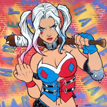 Painting titled "Harley Quinn 2" by Christian Berger, Original Artwork, Acrylic Mounted on Wood Stretcher frame