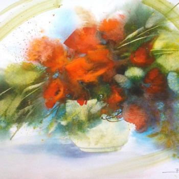 Картина под названием "Bouquet en rouge" - Christian Bessede, Подлинное произведение искусства, Акварель