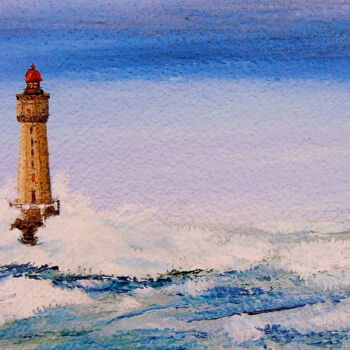 Painting titled "Phare la Jument 2" by Christian Biard, Original Artwork, Oil Mounted on Wood Stretcher frame