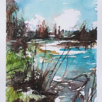 Peinture intitulée "Chemin du lac" par Christian Caillet, Œuvre d'art originale, Aquarelle