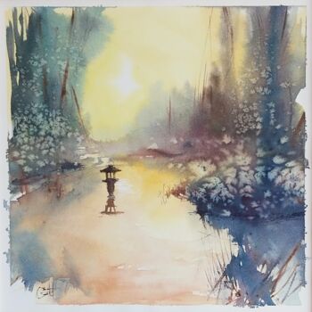 Painting titled "jardin japonais du…" by Christian Caillet, Original Artwork, Watercolor Mounted on Wood Panel