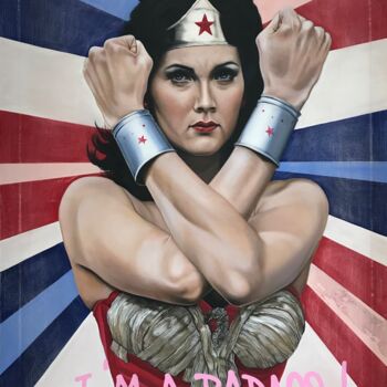 Painting titled "Wonder Woman" by Christian Charrière, Original Artwork, Oil Mounted on Wood Stretcher frame