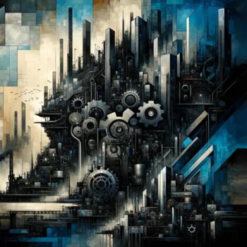 Digital Arts titled "Azure Mechanopolis" by Christian Debien, Original Artwork, Oil