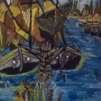 Peinture intitulée "bateau de peche au…" par Christian Deligny, Œuvre d'art originale, Acrylique