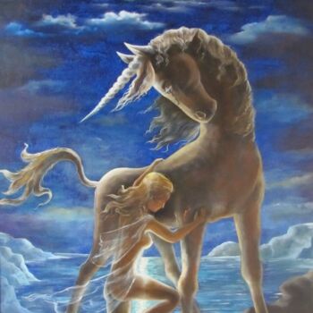Peinture intitulée "licorne en pleurs" par Christian Eprinchard, Œuvre d'art originale, Huile