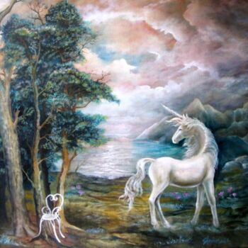 Pittura intitolato "la licorne (sans la…" da Christian Eprinchard, Opera d'arte originale, Olio