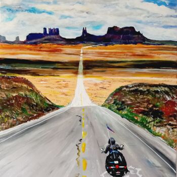 Painting titled "ROUTE 66" by Christian Garnier, Original Artwork, Acrylic Mounted on Wood Stretcher frame