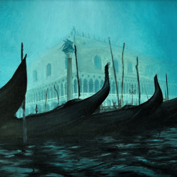 「Ghostly canal」というタイトルの絵画 Christian Giraultによって, オリジナルのアートワーク, オイル 段ボールにマウント