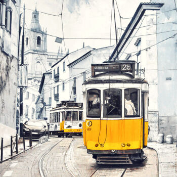 Painting titled "Electric Lisbon" by Christian Girault, Original Artwork, Oil Mounted on Wood Stretcher frame