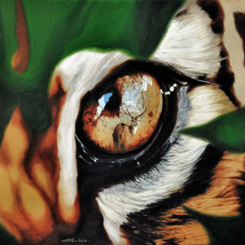 Ζωγραφική με τίτλο "Hunting tiger" από Christian Girault, Αυθεντικά έργα τέχνης, Λάδι Τοποθετήθηκε στο Ξύλινο φορείο σκελετό