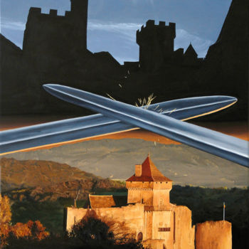 Painting titled "Beynac vs Castelnaud" by Christian Girault, Original Artwork, Oil Mounted on Wood Stretcher frame