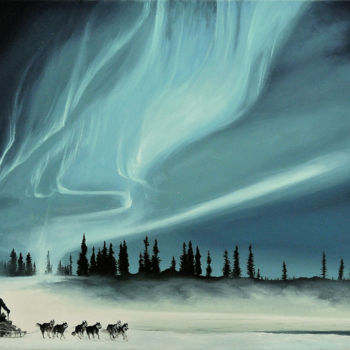 Painting titled "Husky dawn (Save th…" by Christian Girault, Original Artwork, Oil Mounted on Wood Stretcher frame