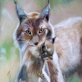 Dessin intitulée "Lynx et son petit" par Christian Grosse, Œuvre d'art originale, Pastel