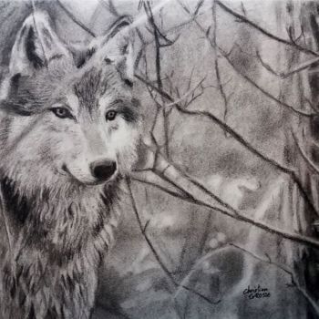 Drawing titled "Loup dans la forêt" by Christian Grosse, Original Artwork, Charcoal