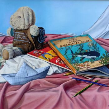 Painting titled ""Nounours à la B.D."" by Christian Labelle, Original Artwork, Oil Mounted on Wood Stretcher frame