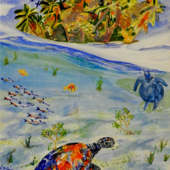 Schilderij getiteld "l-ile-aux-tortues-j…" door Christian Leroy Napoli, Origineel Kunstwerk, Aquarel