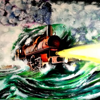 Painting titled "le-train-de-la-mer.…" by Christian Leroy Napoli, Original Artwork, Oil