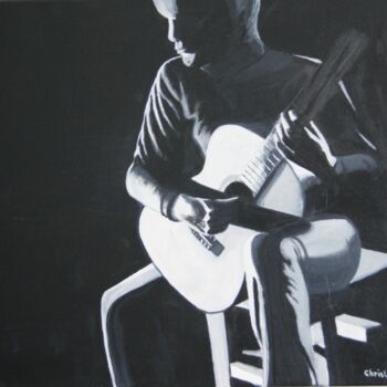 Painting titled "Le guitariste" by Christian Lopez (Chrislo), Original Artwork, Oil Mounted on Wood Stretcher frame