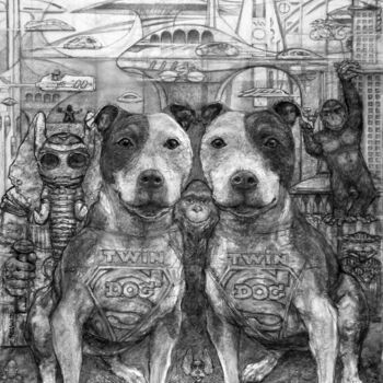 Drawing titled "twin super dog" by Christian Rolland, Original Artwork, Charcoal