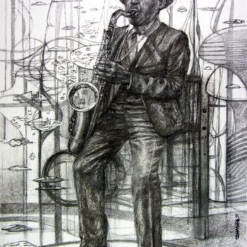 Drawing titled "fusain jazz 34" by Christian Rolland, Original Artwork, Charcoal