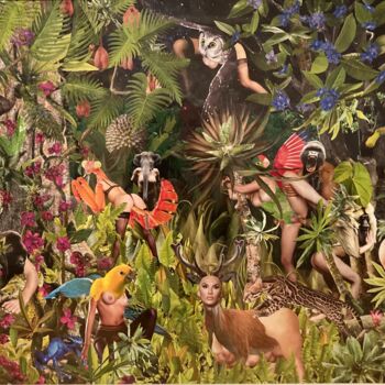 Collages getiteld "Bungle in the jungle" door Christian Schanze, Origineel Kunstwerk, Collages Gemonteerd op Aluminium
