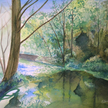 Schilderij getiteld "La Coudre, rivière…" door Christian Simonian, Origineel Kunstwerk, Aquarel