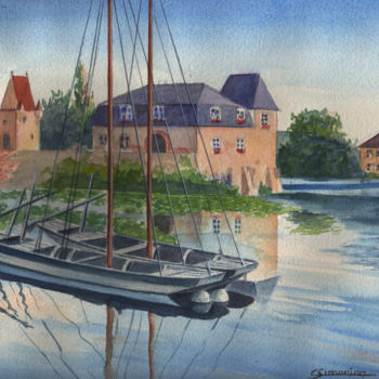 Painting titled "Toues sur le Loir" by Christian Simonian, Original Artwork, Watercolor