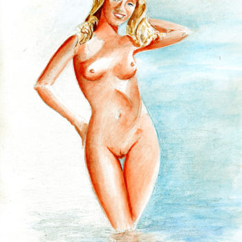Картина под названием "Nu dans l'eau" - Christian Simonian, Подлинное произведение искусства, Акварель