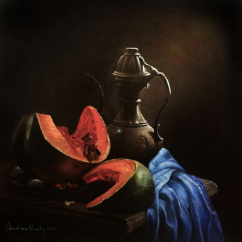 Painting titled "Nature morte au dra…" by Christiana Visentin Gajoni, Original Artwork, Oil