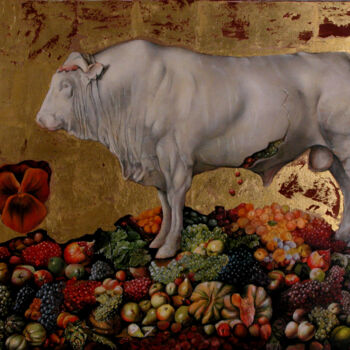 Schilderij getiteld "taureau blanc" door Christiana Visentin Gajoni, Origineel Kunstwerk, Olie