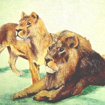 Painting titled "Couple de lions" by Christian Bonnefoy, Original Artwork, Oil