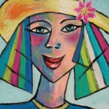 Painting titled "La fleur au chapeau" by Christiane Bernais, Original Artwork, Oil Mounted on Cardboard