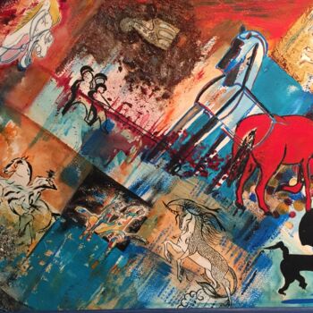 Painting titled "Chevaux à travers l…" by Christiane Biache, Original Artwork, Acrylic Mounted on Cardboard