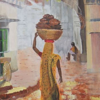 Painting titled "Indienne robe jaune" by Christiane Cucinelli (Chris), Original Artwork, Acrylic