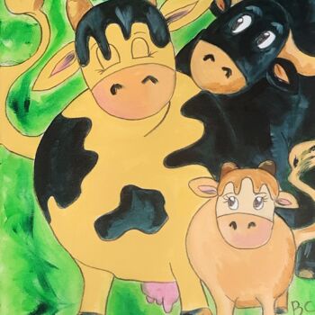Painting titled "Cow family painting…" by Christiane Marette (Christiane Marette - B.C Créations), Original Artwork, Acrylic