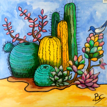 Painting titled ""Cactus composition…" by Christiane Marette (Christiane Marette - B.C Créations), Original Artwork, Acrylic